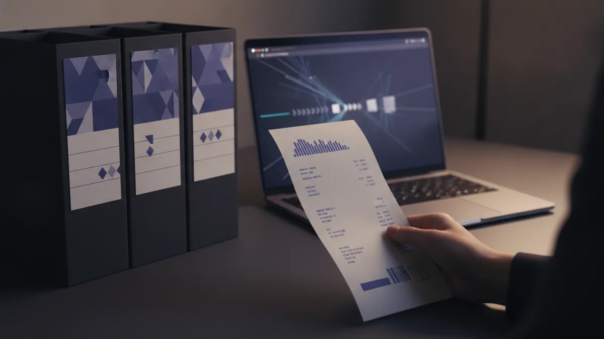 Reasons to save emails as PDFs A receipt and folders on a desk to illustrate saving email records as PDFs.