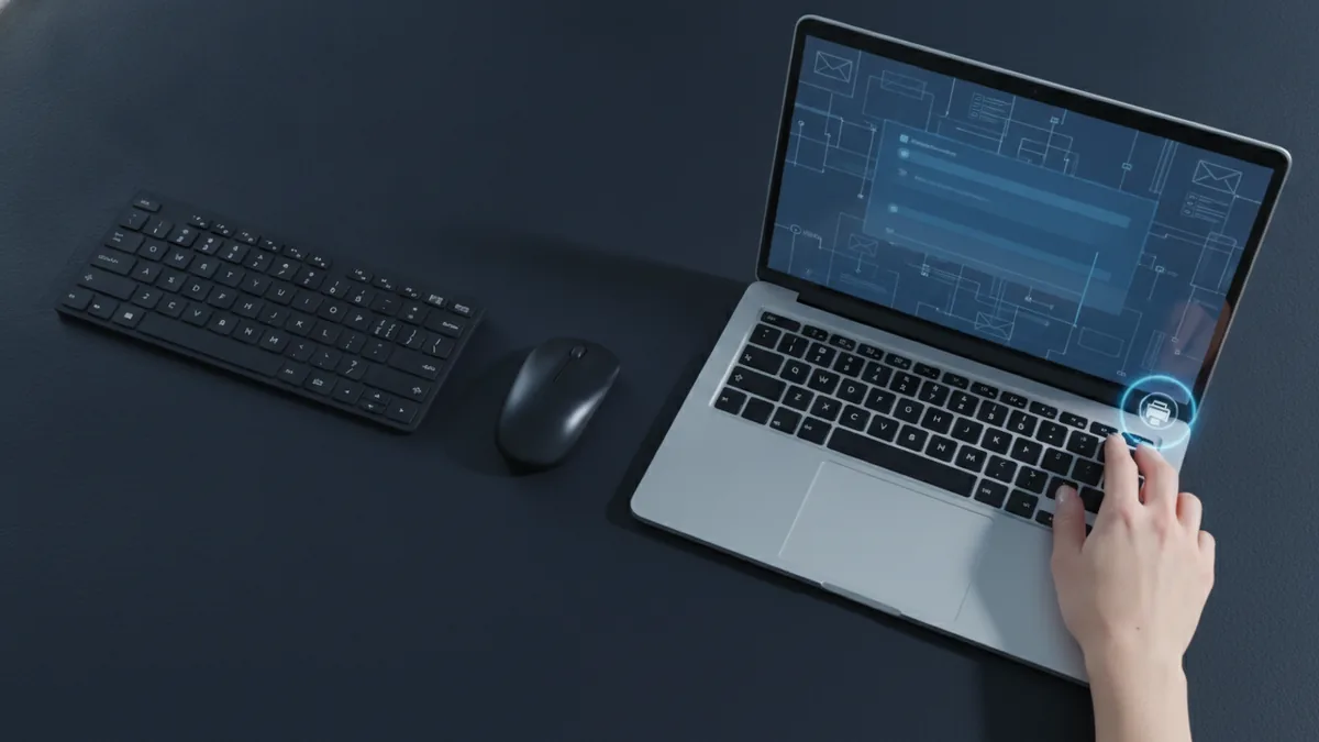 Laptop setup showing steps to save an email as a PDF using print.
