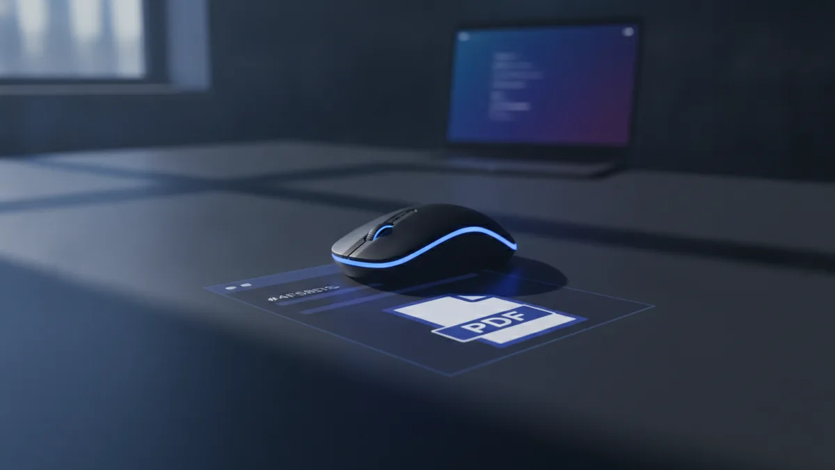 Clean workspace with a computer preparing to download a PDF