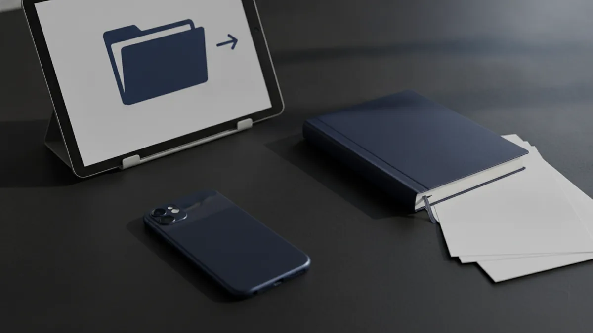 Simple download workflow Phone and documents arranged to show image-to-PDF conversion and download workflow.
