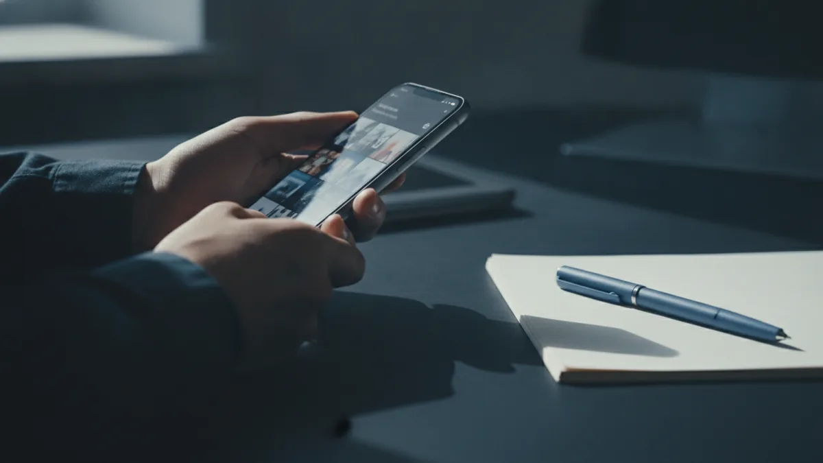 Hands holding a phone while preparing photos for conversion to PDF.