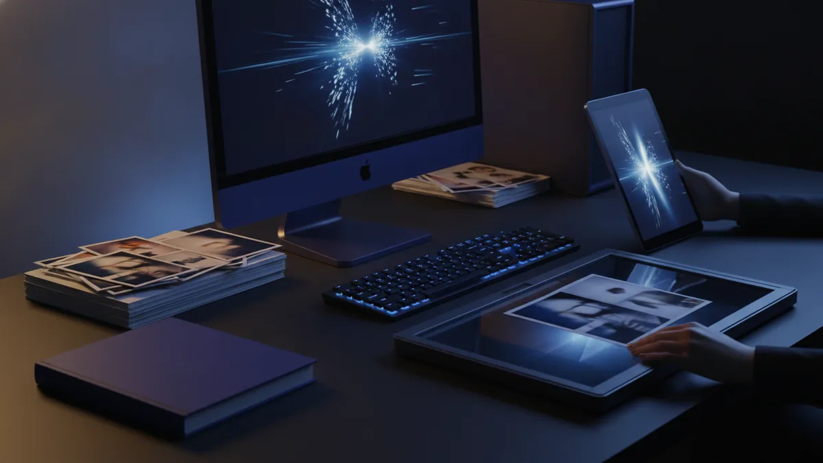 Desktop setup with image editing tools and a finished PDF document