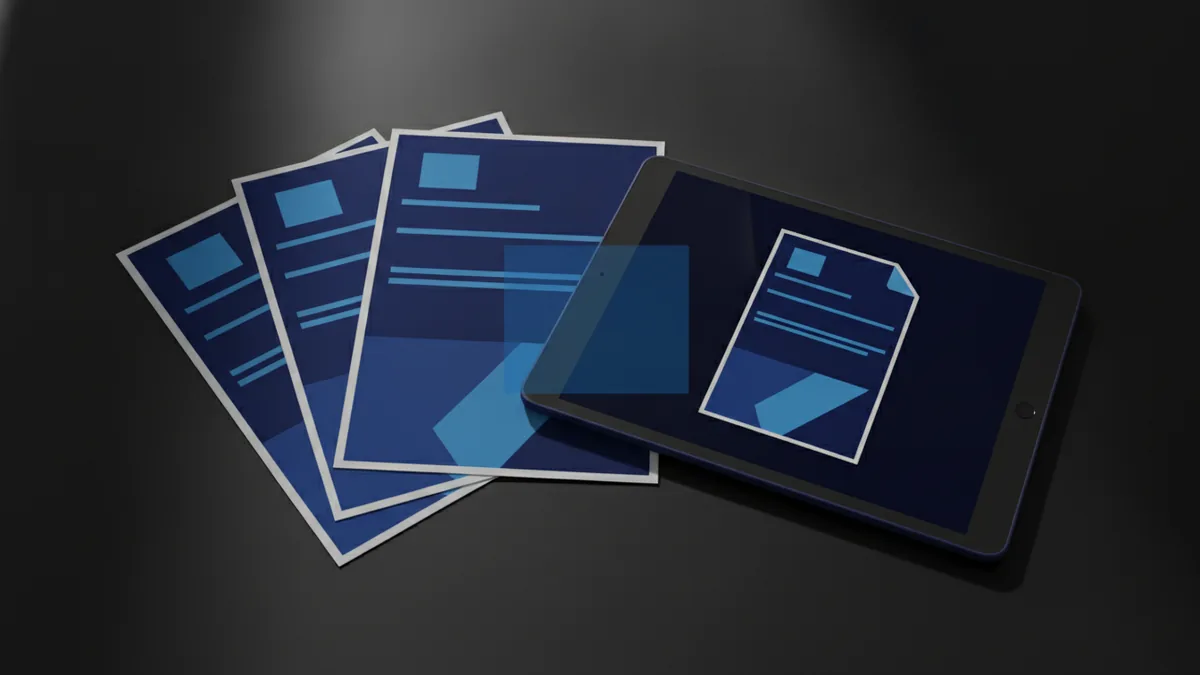 PDF vs PDF/A concept Comparing document formats with paper and a tablet at a desk