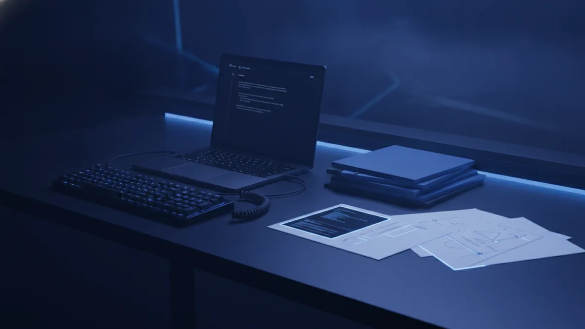Terminal workstation with file conversion tools and organized folders on a desk