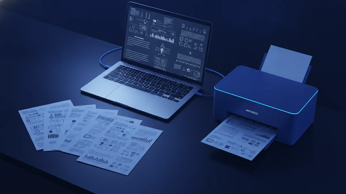 Printed pages being checked beside a laptop and printer after PDF conversion