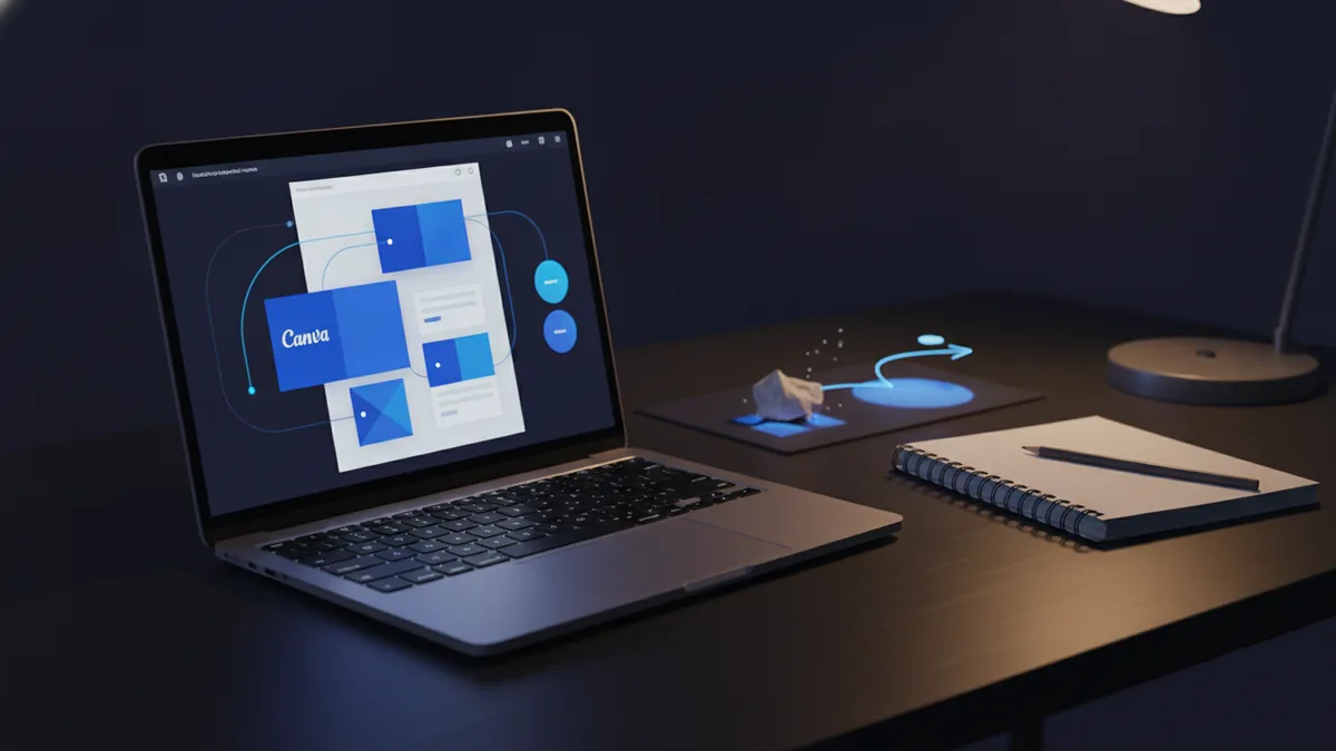 Canva document design with clear buttons and linked sections on a laptop screen