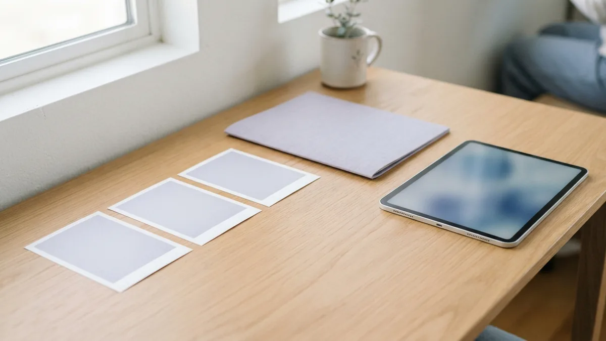 Ordered blank photo prints beside a folder and tablet on a tidy desk