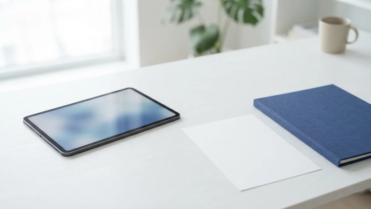 Quality-focused PDF workspace Tablet and blank photo print on a bright desk for quality PDF work