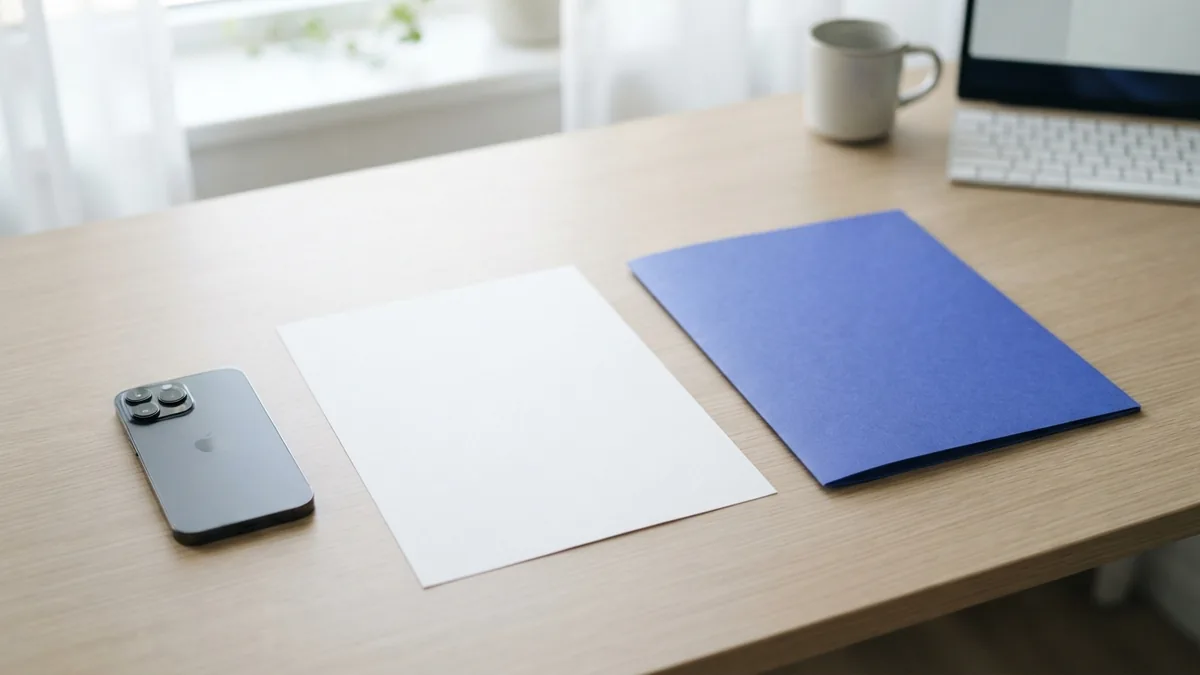 iPhone with blank paper and folder for checking a saved PDF