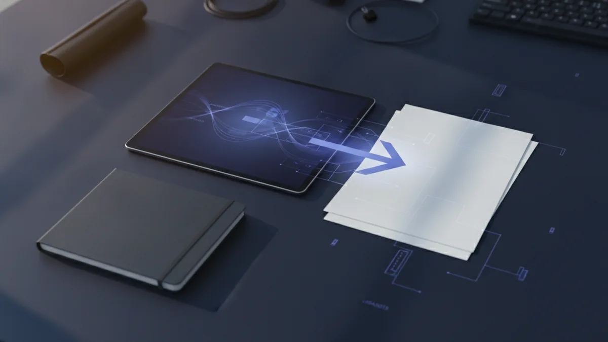 Desk setup representing document export workflow