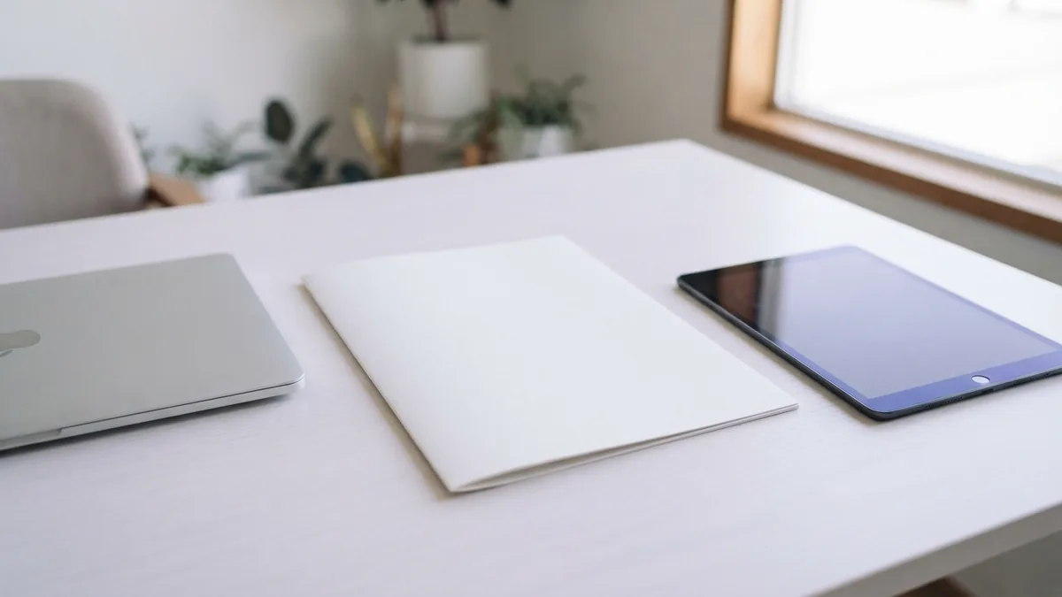 Simple setup for compressing a PDF Laptop, tablet, and blank folder arranged for a step-by-step PDF compression workflow
