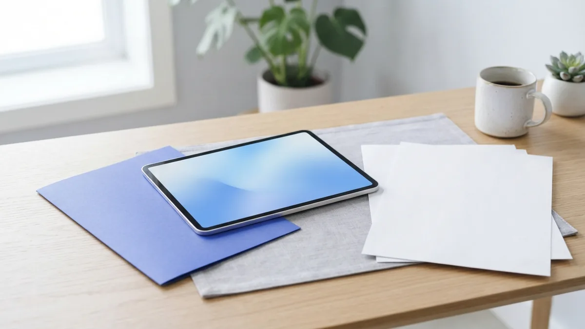 Tablet and selected blank project sheets arranged beside a blue portfolio folder