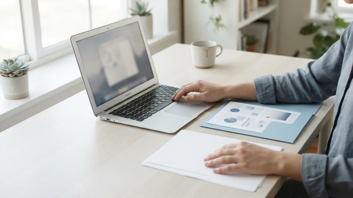 Create a clear portfolio layout Laptop and blank pages arranged in a clean, spacious portfolio layout