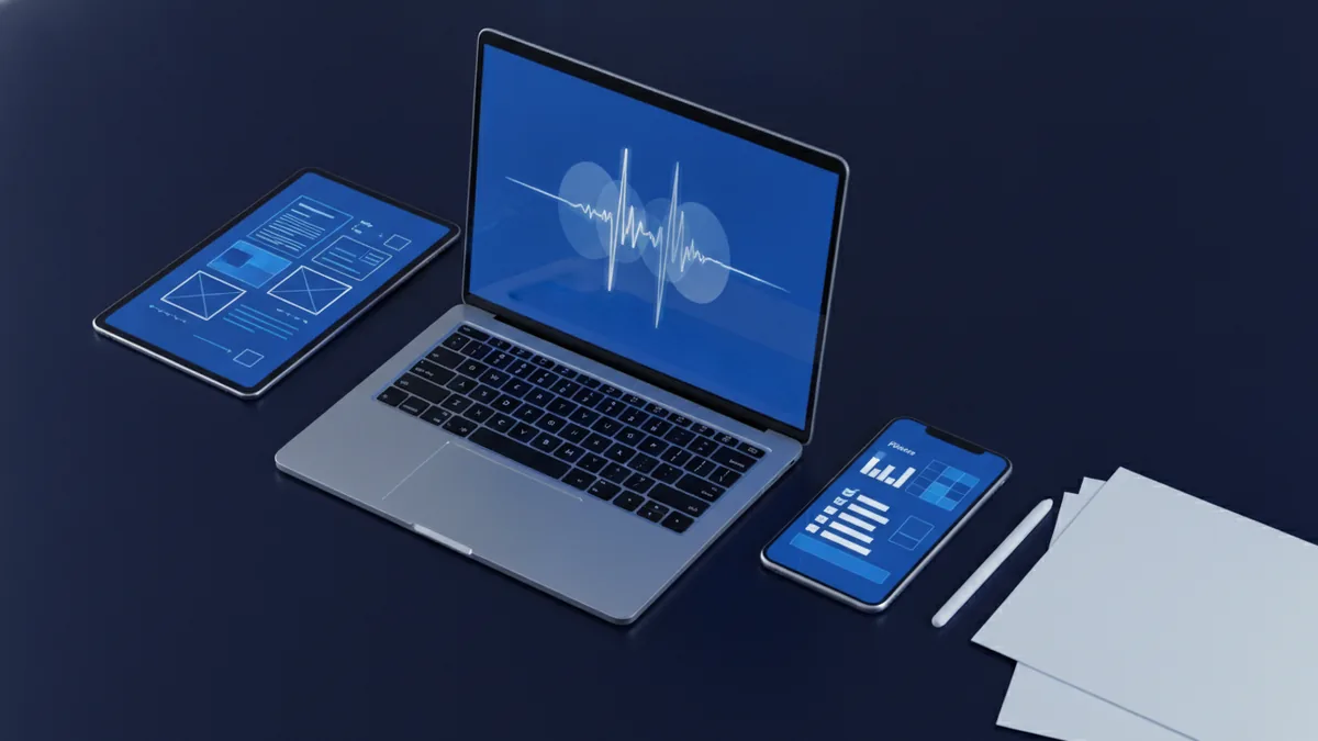 Document layout beside a laptop showing the process of building a PDF form