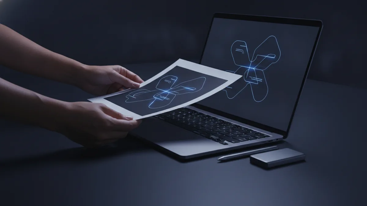 Hands editing a printed document beside a laptop with a completed PDF file