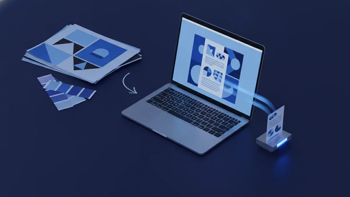 Creative workspace with layout materials and a finished digital document on screen