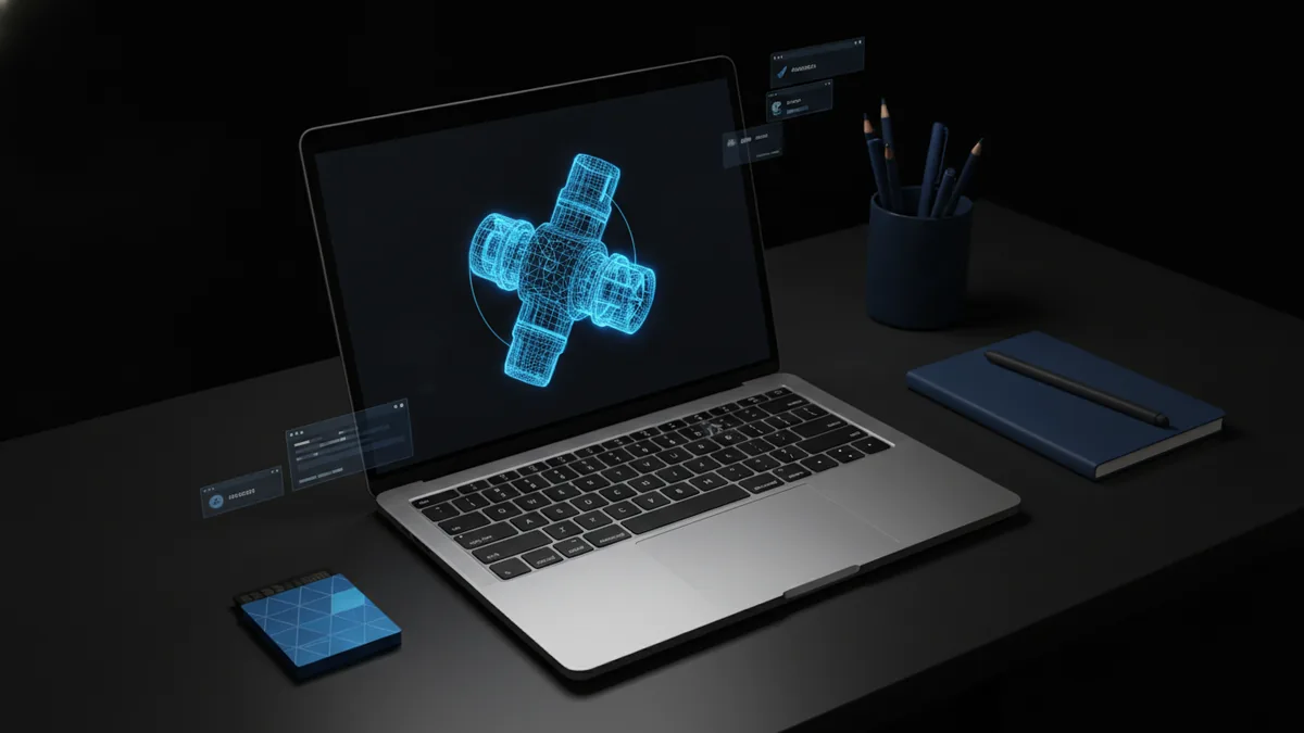 3D PDF workflow setup Laptop and tools setup representing a 3D PDF creation workflow