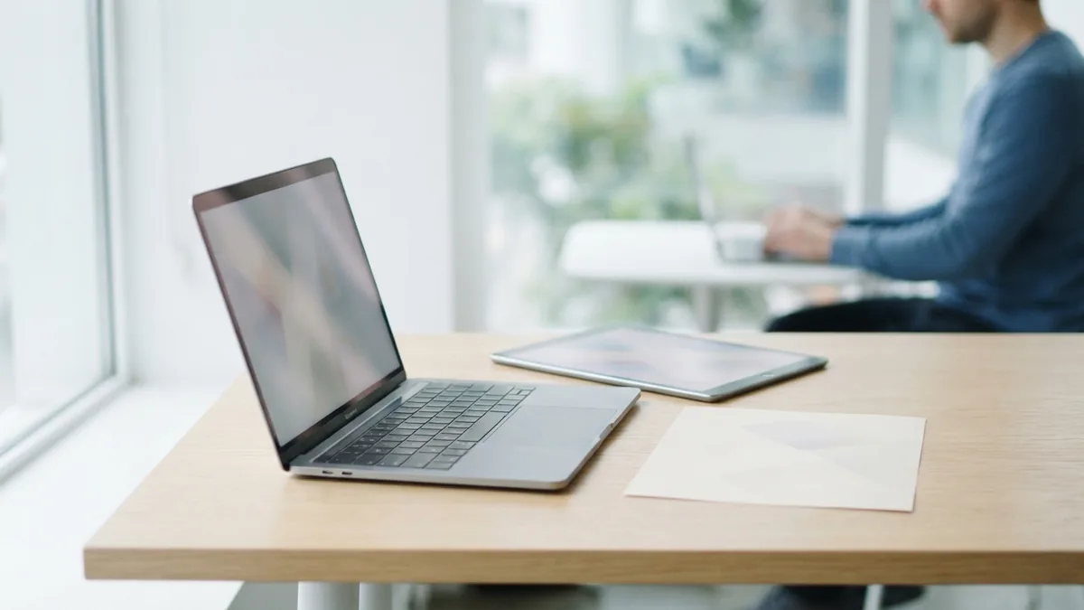 Laptop and tablet beside blank papers for choosing a PDF editing tool