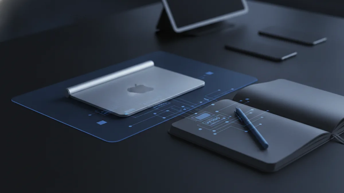 Mac-style desk setup with trackpad and notebook, representing macOS export steps.