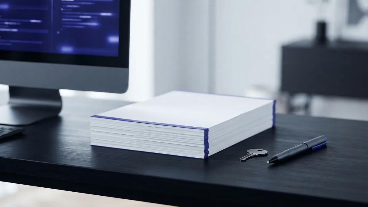 Desktop computer and paper files arranged for a step-by-step PDF security task