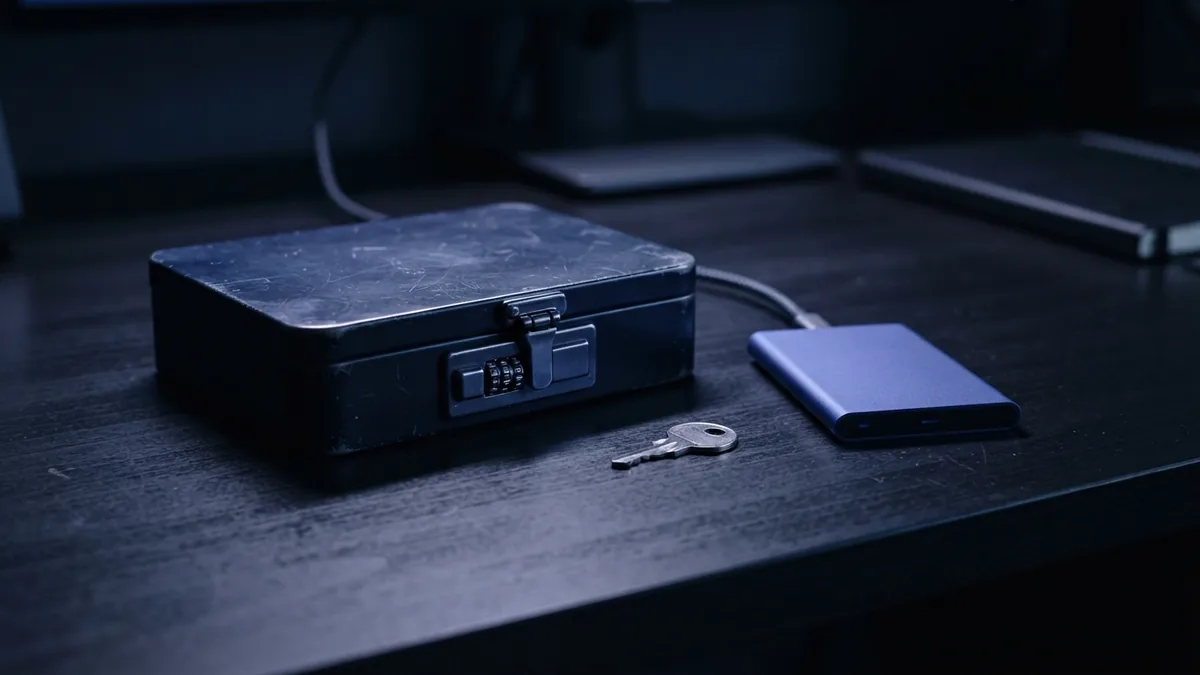 Locked document folder beside a key and backup drive showing secure access limits