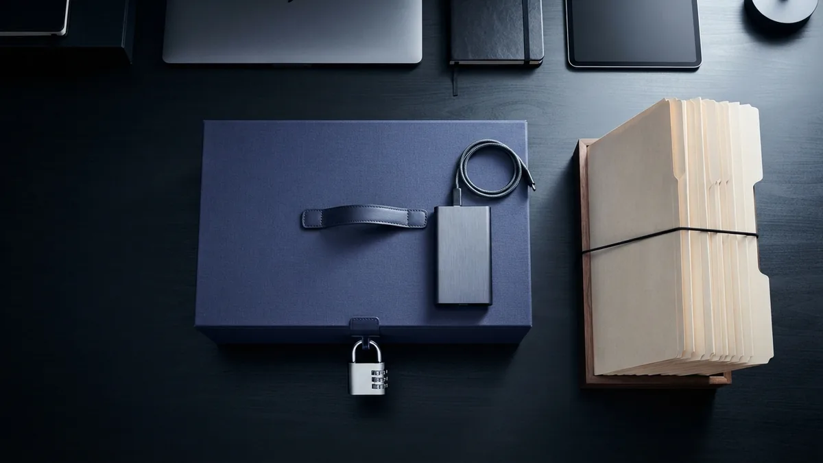 Responsible document security Secure document storage setup with a password lock, backup drive, and organized folders