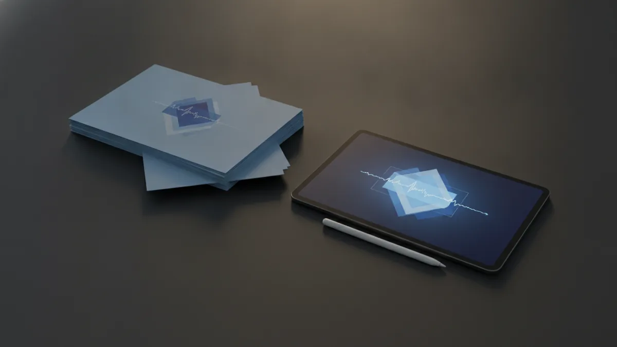 PDF signature layers concept Workspace showing documents and a tablet to represent PDF signature layers