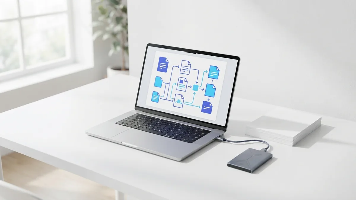 Desktop setup with laptop and pages for exporting a Word document as PDF