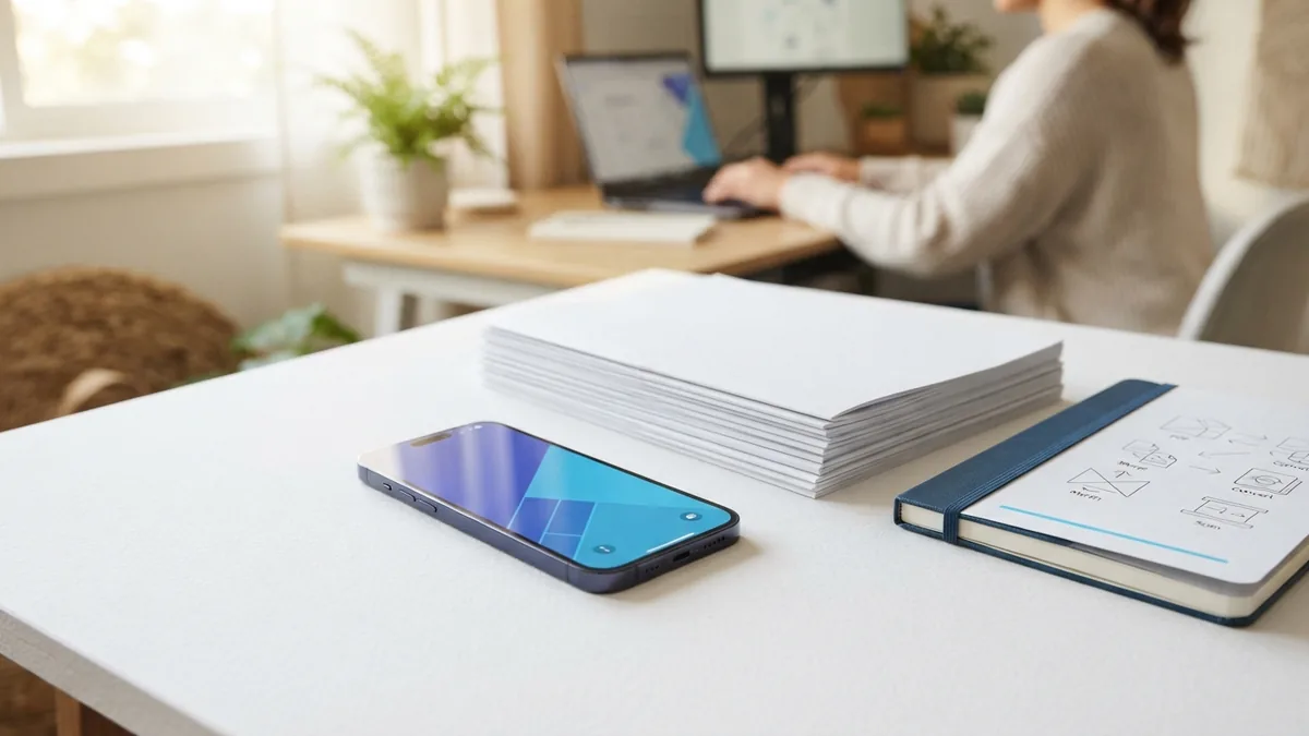 iPhone beside pages showing a mobile workflow for saving a document as PDF