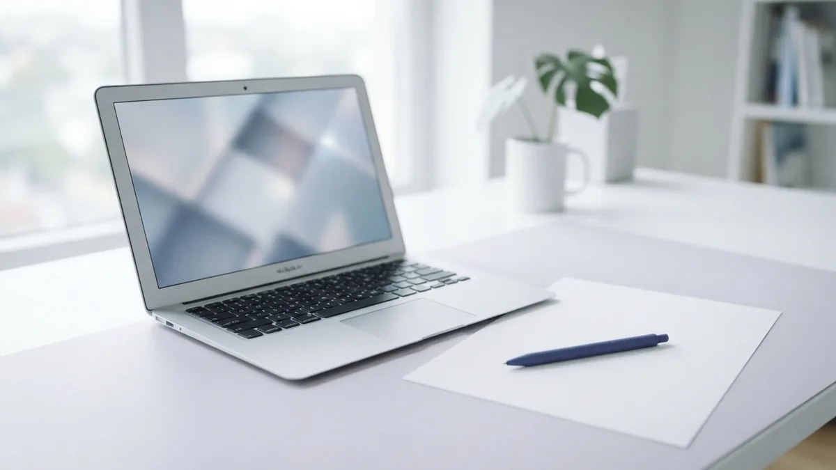 Laptop and blank paper on a bright desk for editing PDF content