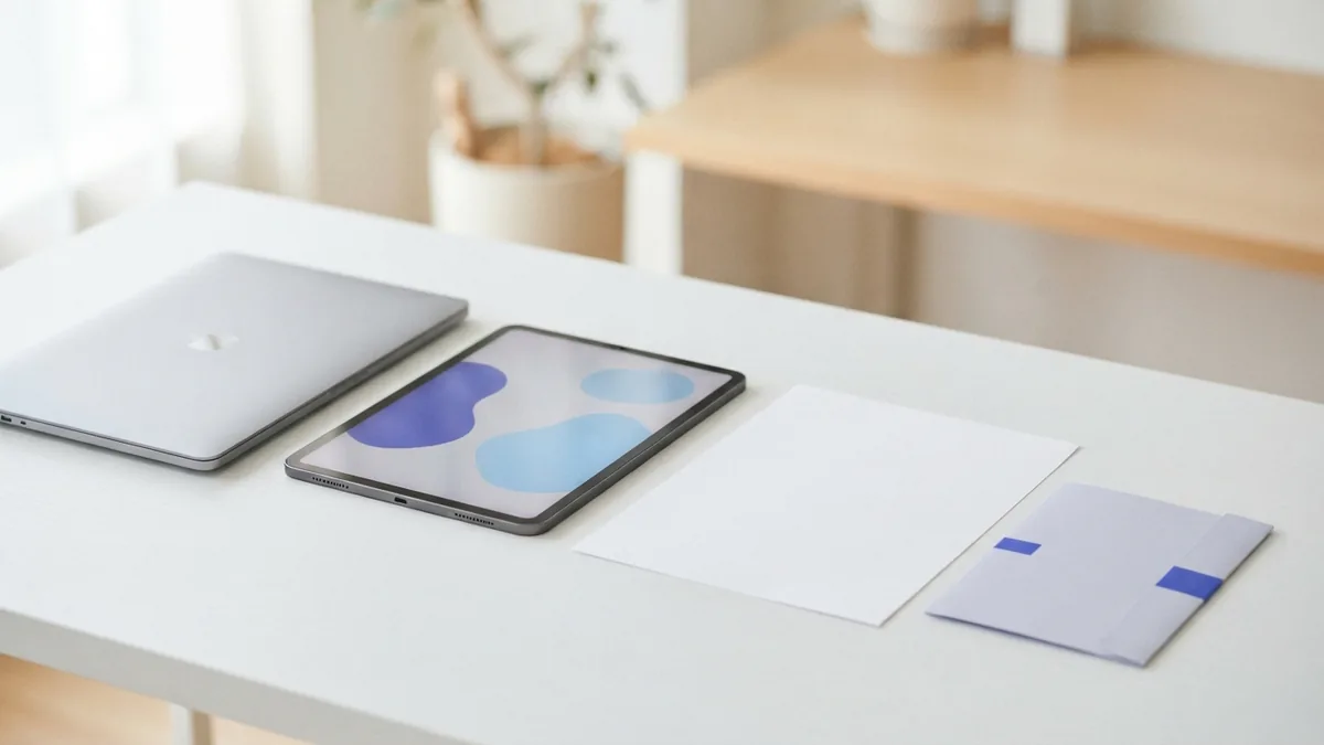Quick PDF edits on a clean desk Tablet, laptop, and blank sheet for quick PDF form edits