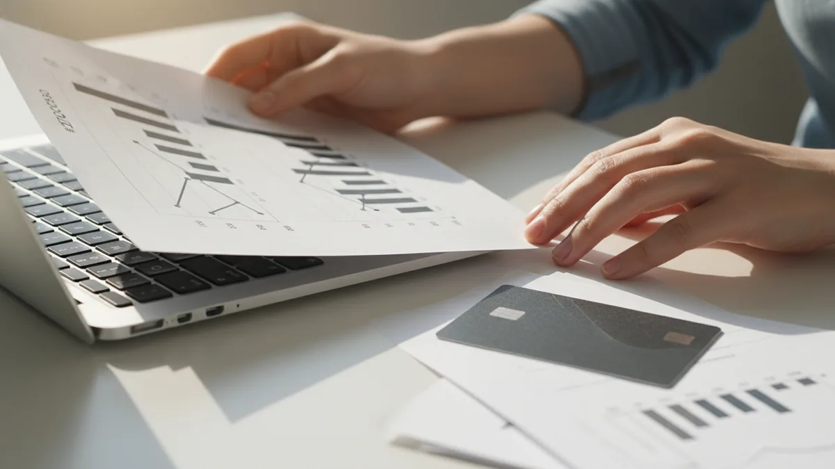 Reviewing your credit report Hands reviewing credit report details alongside a laptop