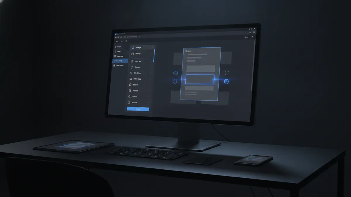 Monitor view of a PDF form editing workflow with clear tool regions.