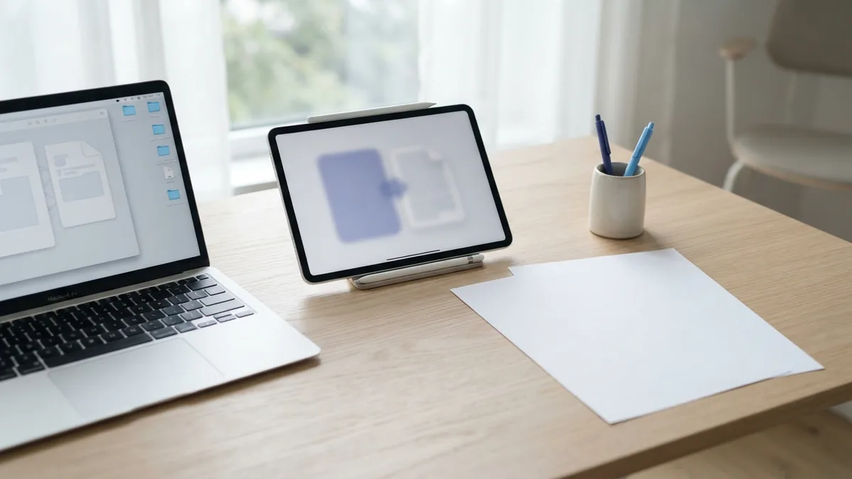 Different tools for editing PDF files Laptop and tablet beside blank papers showing different PDF editing methods