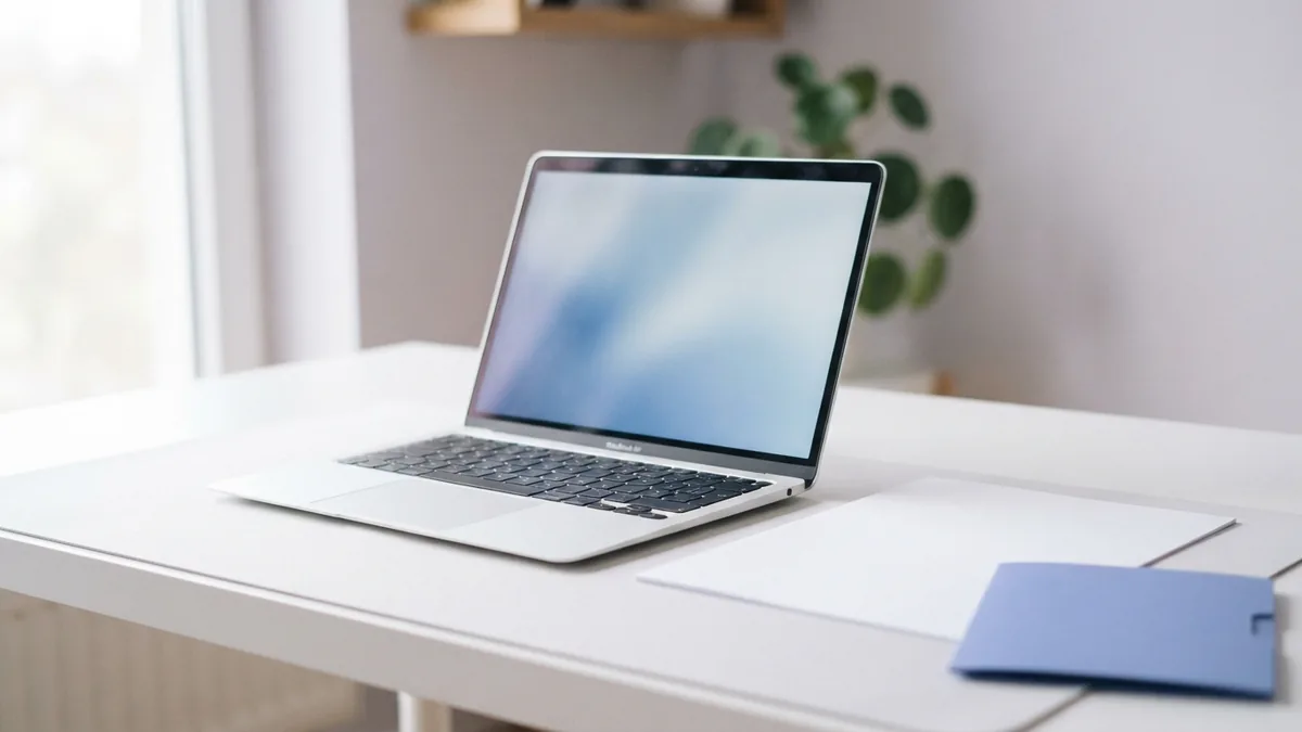 Online PDF editing workspace Laptop beside blank documents for safe online PDF editing work