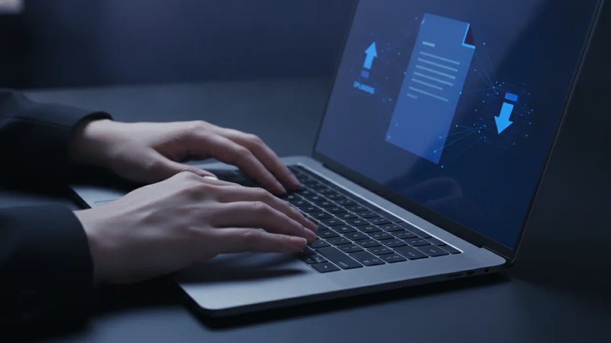 Upload, edit, download flow Typing on a laptop while preparing to edit and save a PDF.