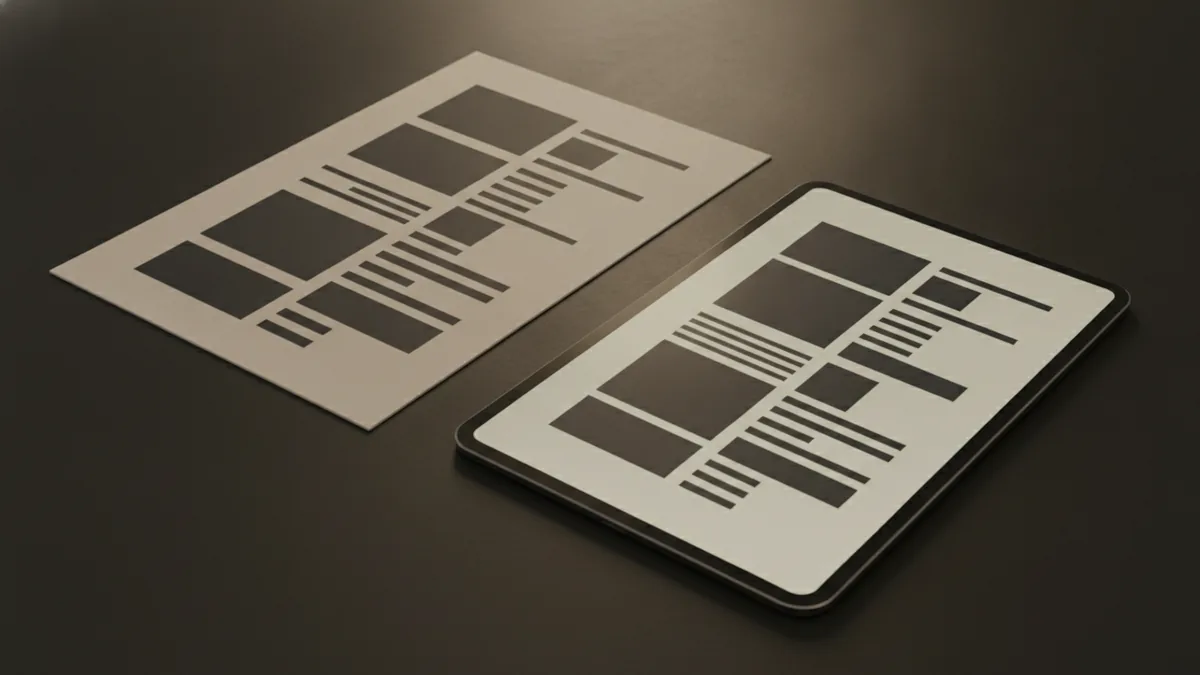 Why PDFs are hard to edit A close-up comparison of a document page viewed on paper and tablet.