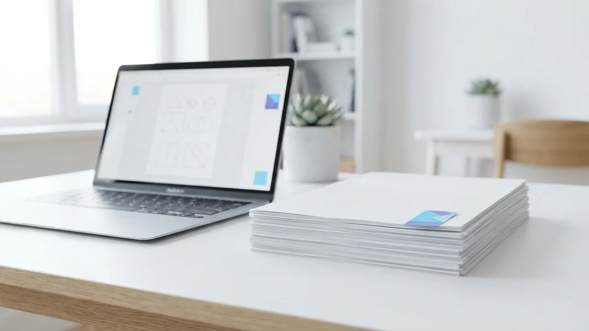 Finished document pages beside a Mac laptop ready for PDF export and review