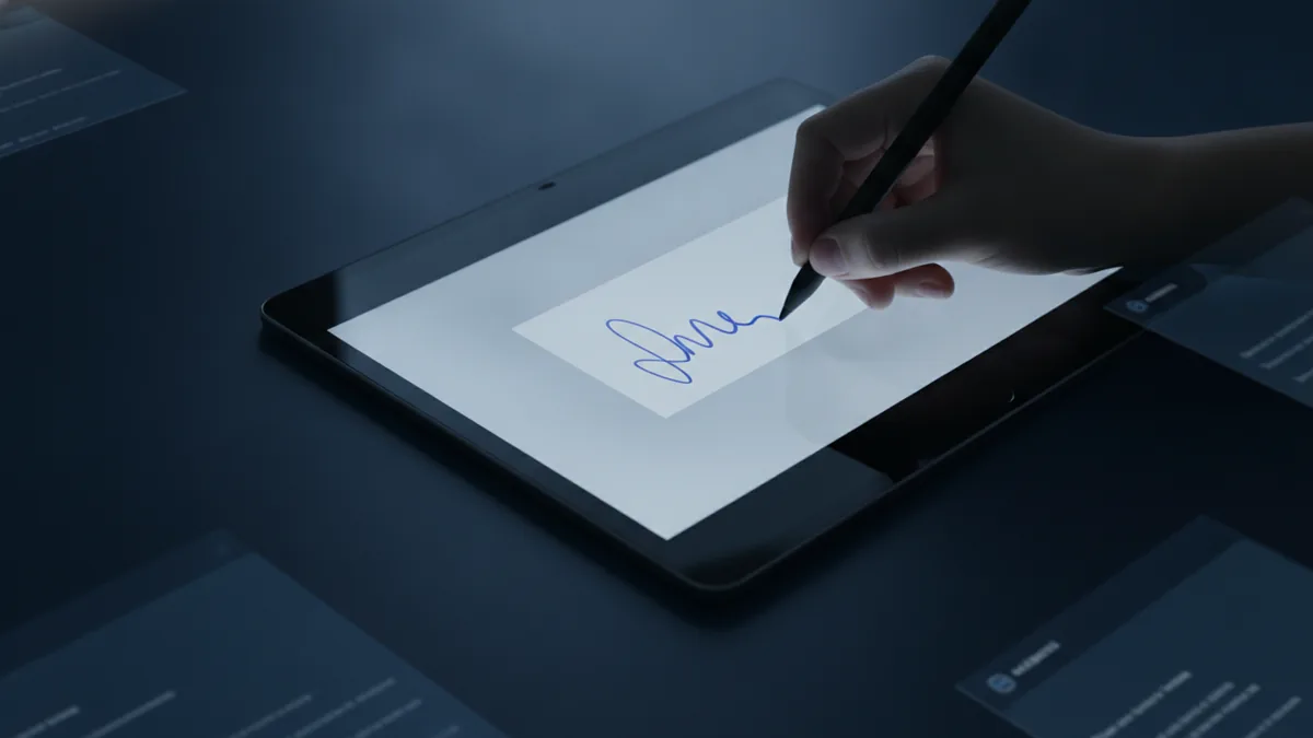 Use Fill & Sign in Reader A close-up of drawing a signature into a document signature box.
