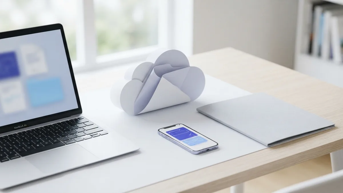 Laptop and phone beside a folder for cloud sharing of large PDF files