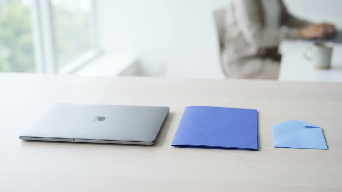 Closed laptop and folder arranged for secure sharing of sensitive PDF files