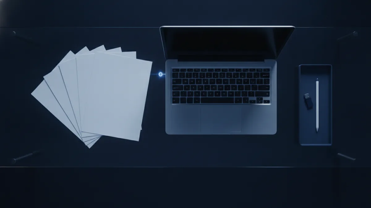 Selected document pages arranged beside a laptop for a focused file task