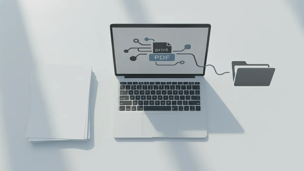 Clean workstation scene showing quick print-to-PDF workflow for chats.