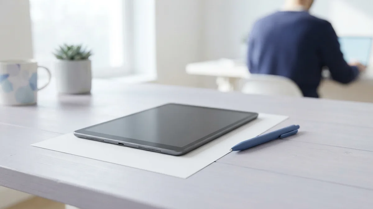 Tools for filling PDF blanks Tablet and blank form arranged on a bright desk for PDF editing