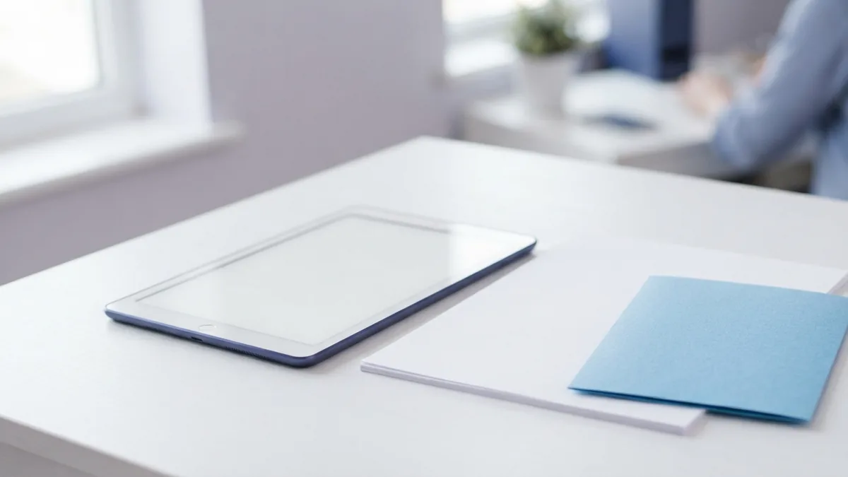 Blank tablet and paper form on a bright minimalist desk