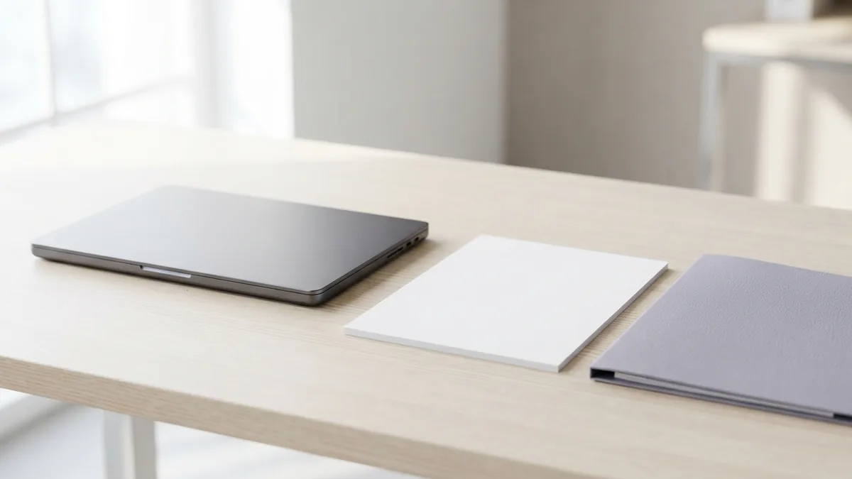 Closed laptop with blank pages and folder for complex PDF forms