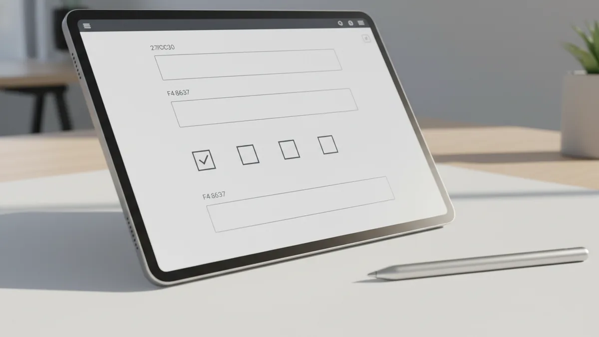 Tablet displaying a form layout with empty fields ready for input