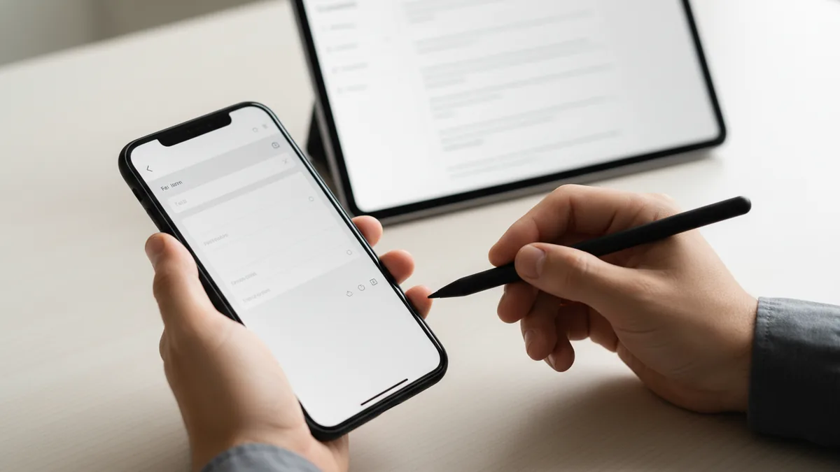 Hand holding a phone while preparing to fill a PDF form on mobile