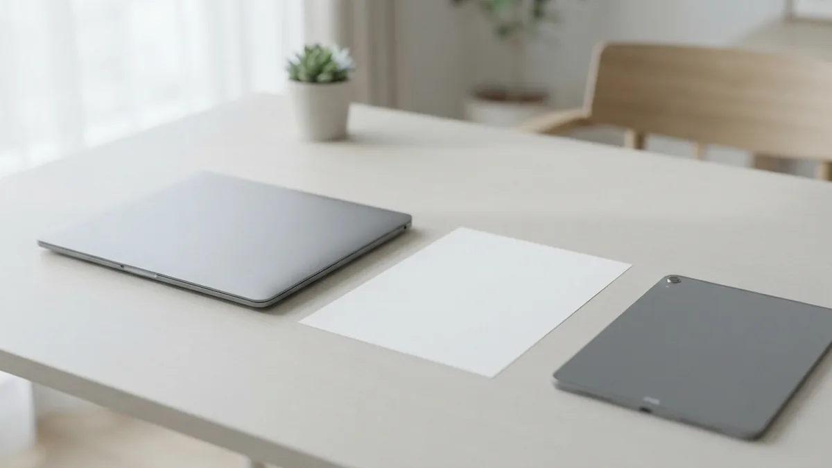 PDF and CDF study workspace Blank paper beside laptop and tablet on an airy desk for PDF and CDF study