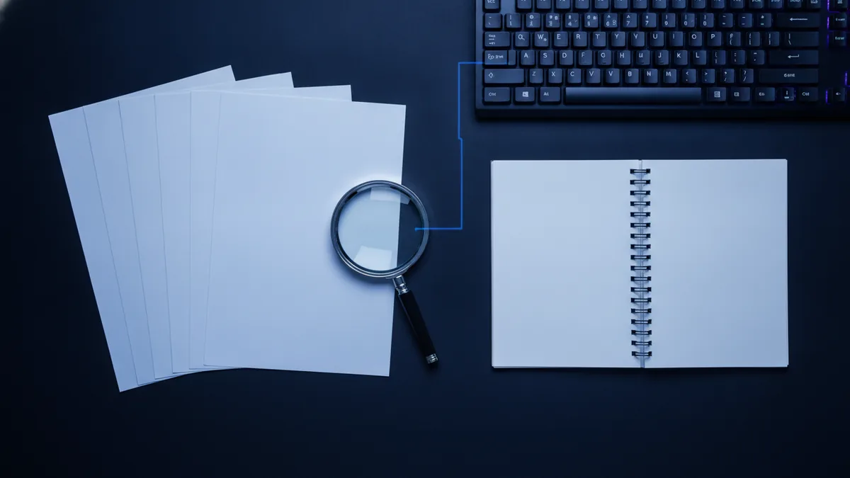 Step-by-step PDF search setup Step-by-step document search setup with printed pages and organized study materials